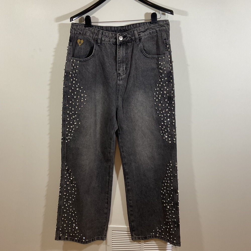 Aelfric Eden Rhinestone Studded Wide Leg Jeans 32 Baggy Street Y2K Grunge Bling